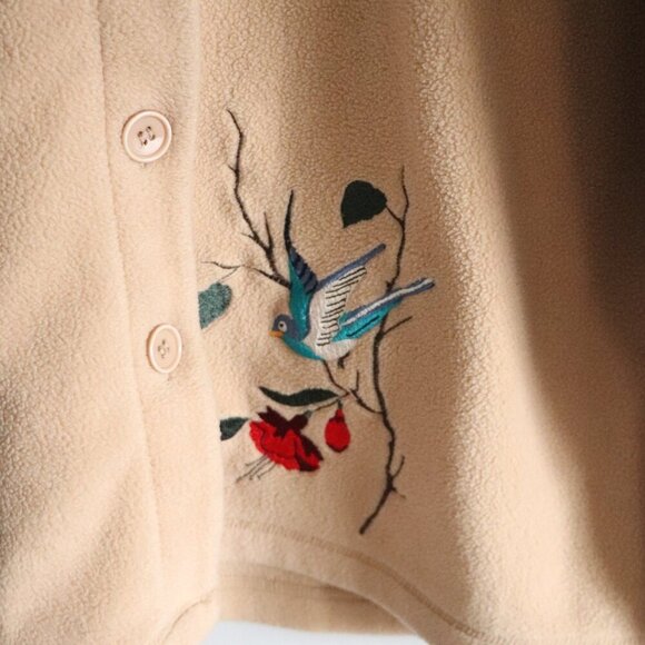 Vntg Classic Editions Sz Lrg Cream Embroidered Bird Buttoned Fleece Cardigan - Picture 8 of 14